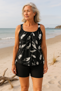 Elise | Black & White Leaf Print Tankini Set